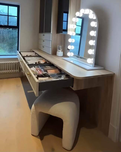 Charlize Arch Hollywood Mirror 80 x 60cm on a modern vanity with makeup storage and stylish design.