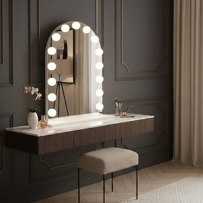 Charlize Arch Hollywood Mirror 80 x 60cm with LED bulbs and elegant vanity setup.