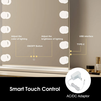 Charlize Arch Hollywood Mirror with Smart Touch Control and USB Ports, featuring adjustable G60 LEDs for perfect vanity lighting.