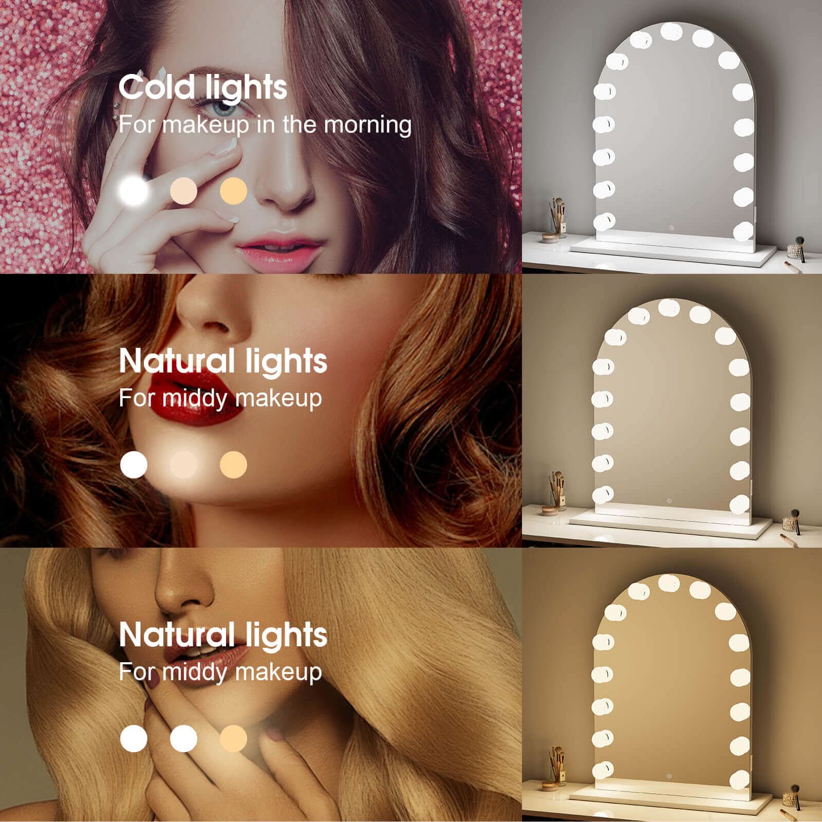 Charlize Arch Hollywood Mirror with LED lighting for makeup, showcasing cold, natural, and warm light modes for perfect ambiance.