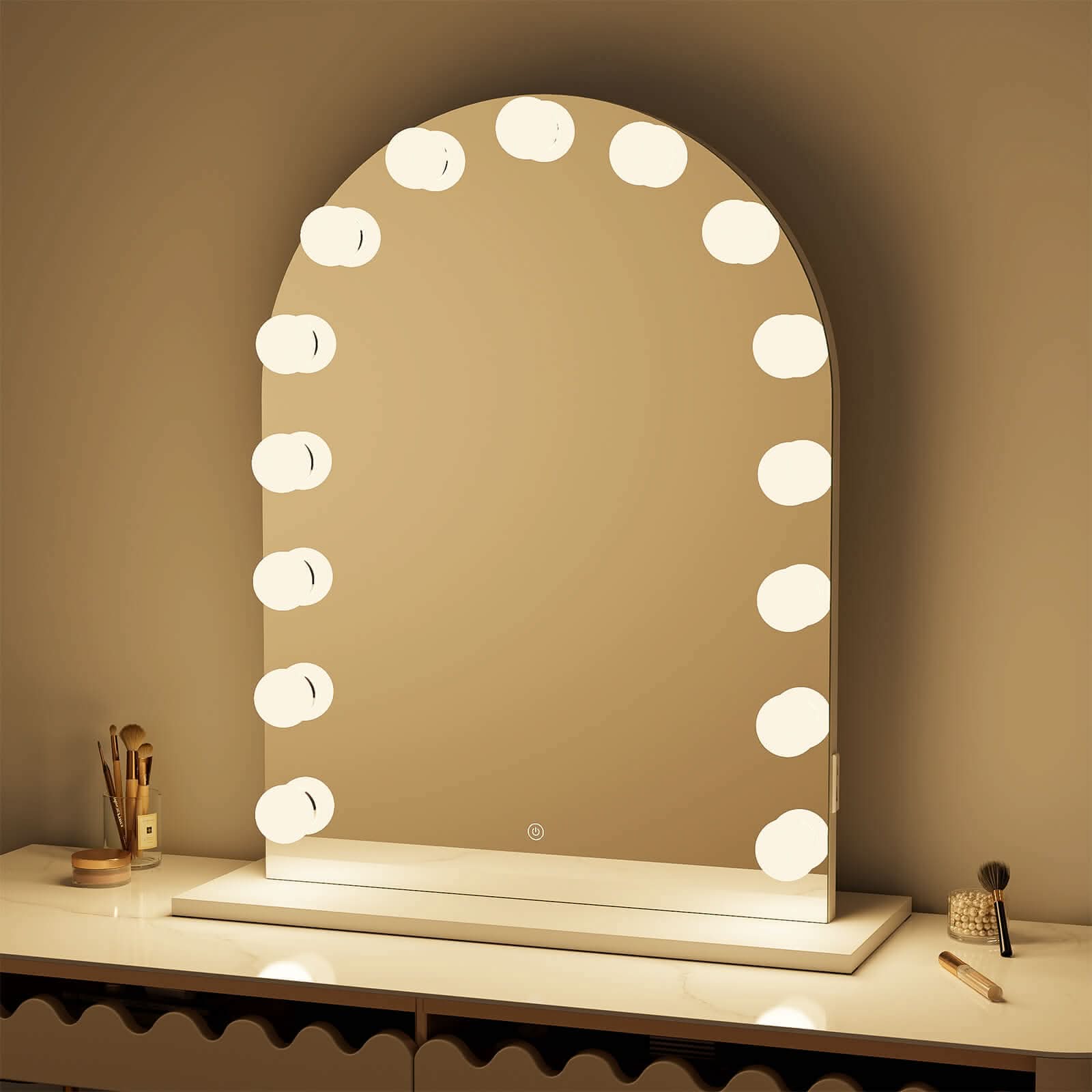 Charlize Arch Hollywood Mirror with LED bulbs, featuring three color modes and a modern arch design for vanities.