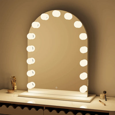 Charlize Arch Hollywood Mirror with LED bulbs, featuring three color modes and a modern arch design for vanities.