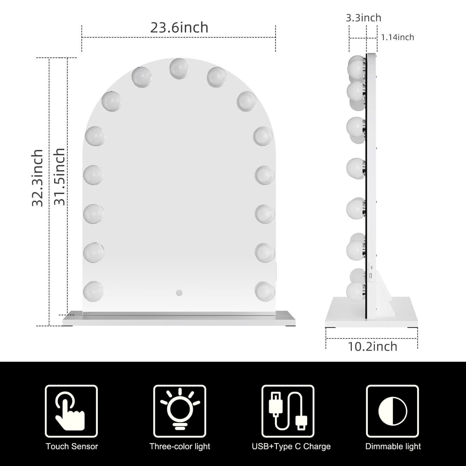 Charlize Arch Hollywood Mirror Table Top with 15 LED bulbs, touch sensor, three-color light, USB Type C charge, and dimmable option.