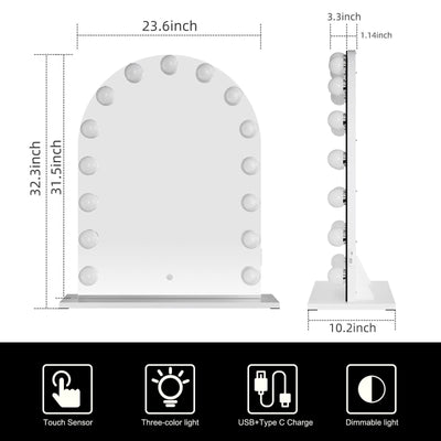 Charlize Arch Hollywood Mirror Table Top with 15 LED bulbs, touch sensor, three-color light, USB Type C charge, and dimmable option.