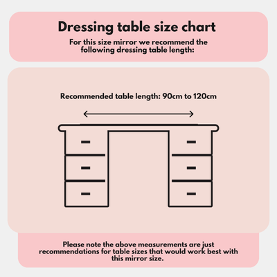 A chart displays a dressing table with drawers and a double-headed arrow above it, recommending a table length of 90–120cm for the Alicia Hollywood Mirror 60cmx80cm by hollywood mirrors. Text notes these are suggested measurements.
