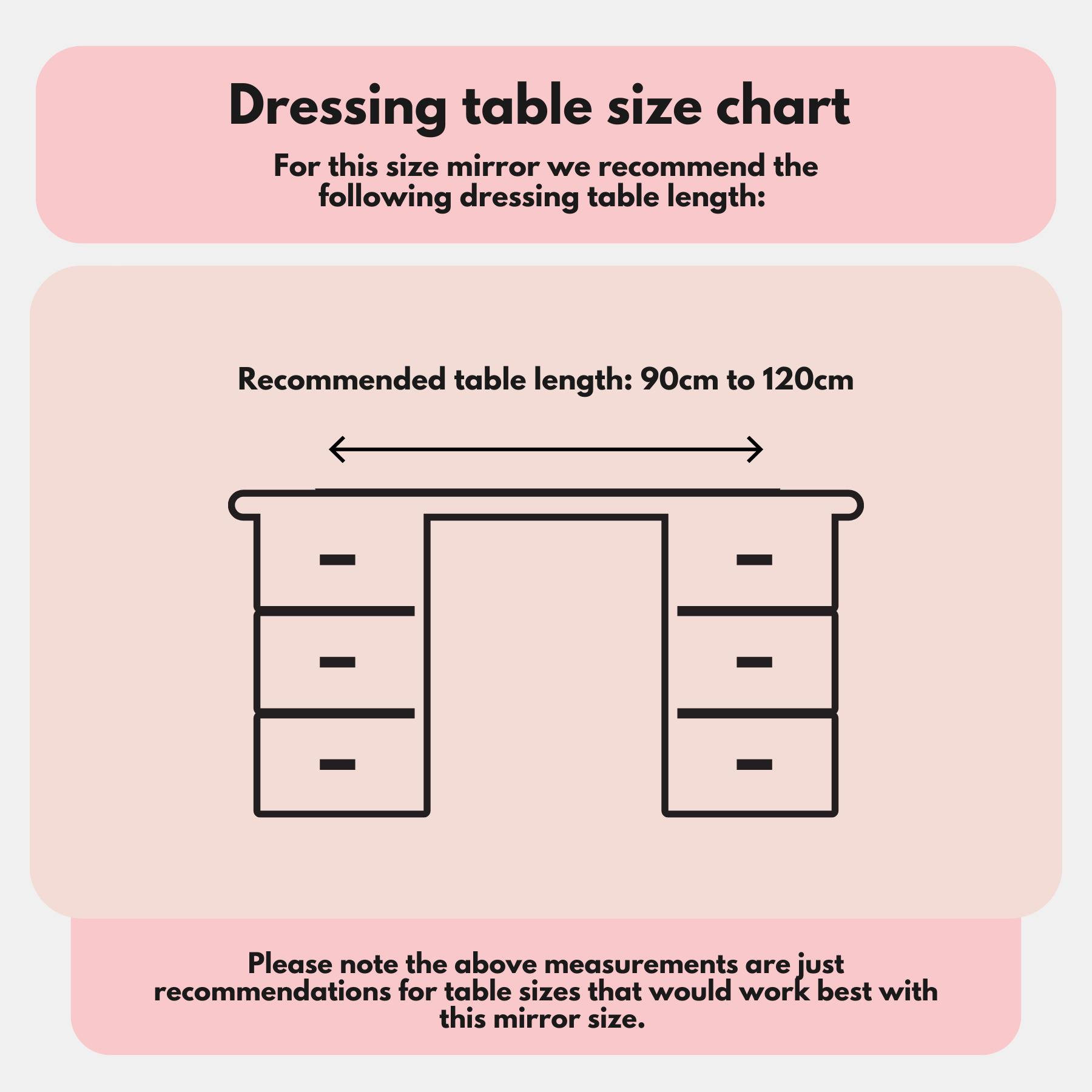 Dressing table size chart recommending a table length of 90cm to 120cm for optimal fit with Anne Round Hollywood Mirror Gold 60x63cm.