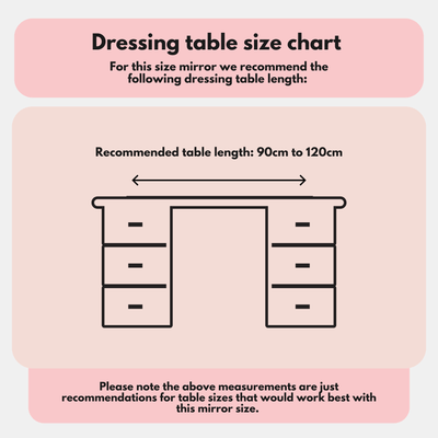 Dressing table size chart recommending a table length of 90cm to 120cm for optimal fit with Anne Round Hollywood Mirror Gold 60x63cm.