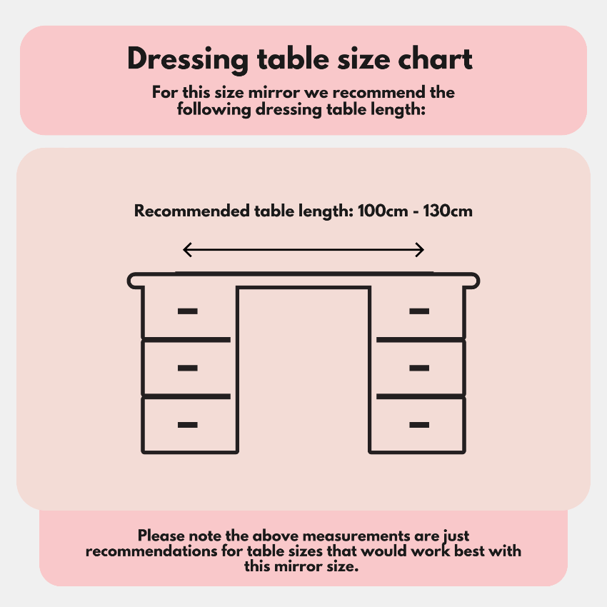 Dressing table size chart with recommended length 100cm to 130cm for mirror compatibility.