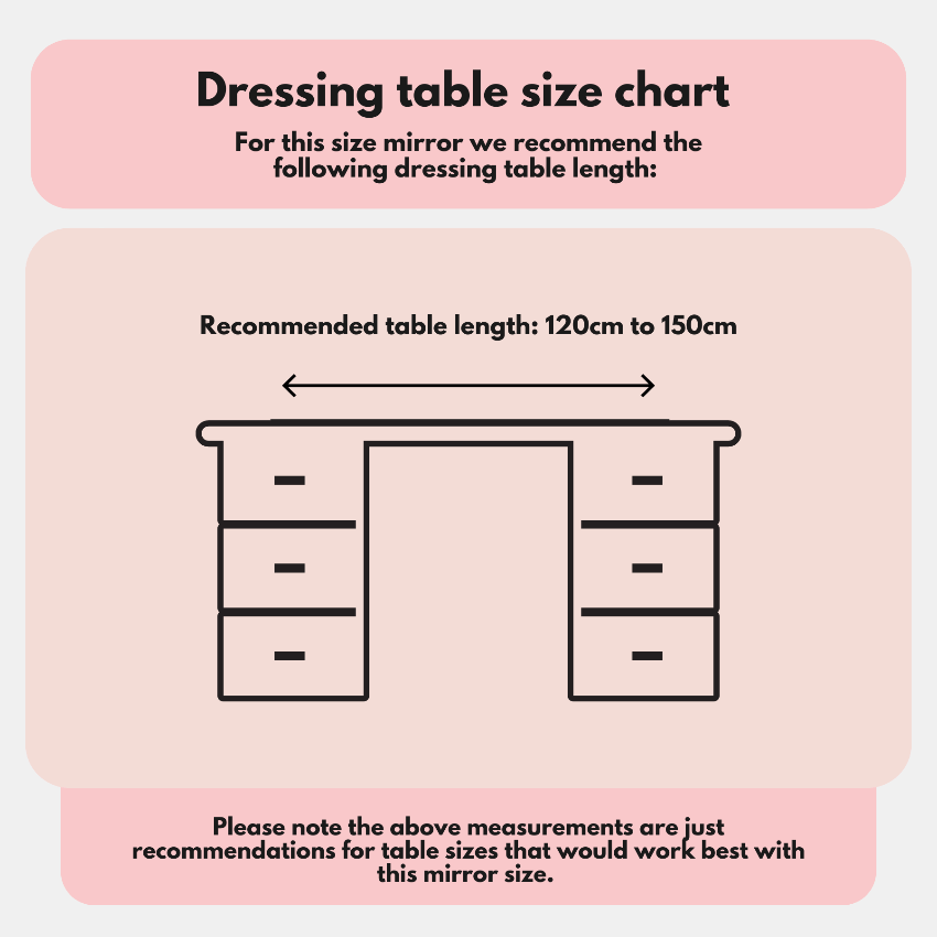 Illustration of the hollywood mirrors Scarlett Large Hollywood Mirror 100x70cm on a dressing table with six drawers. Text notes this mirror is ideal for use with LED bulbs and recommends a table length of 120–150 cm.