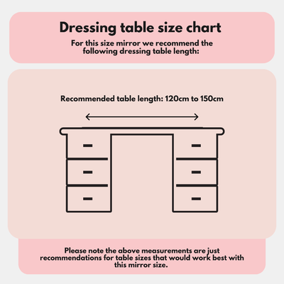 Illustration of the hollywood mirrors Scarlett Large Hollywood Mirror 100x70cm on a dressing table with six drawers. Text notes this mirror is ideal for use with LED bulbs and recommends a table length of 120–150 cm.