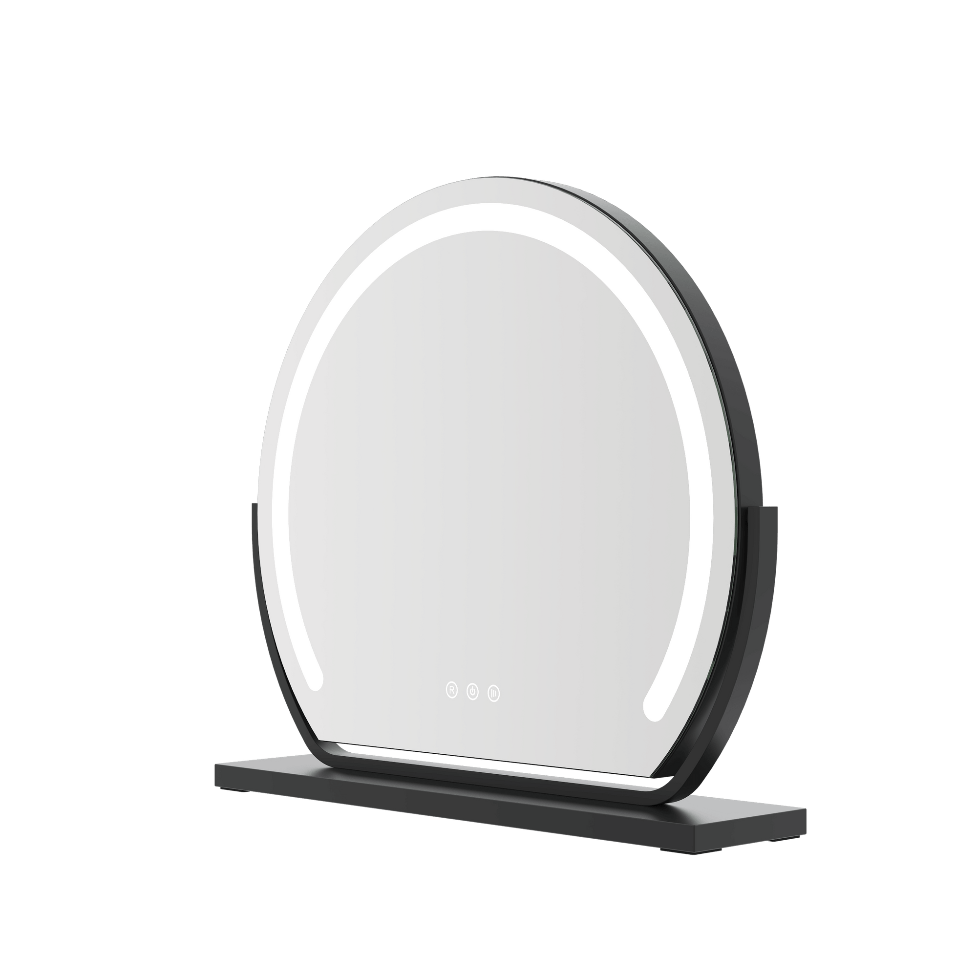 Round mirror with black frame on a white background