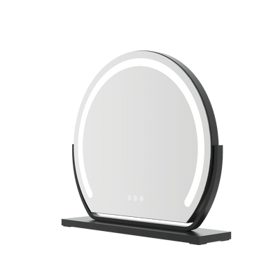 Round mirror with black frame on a white background