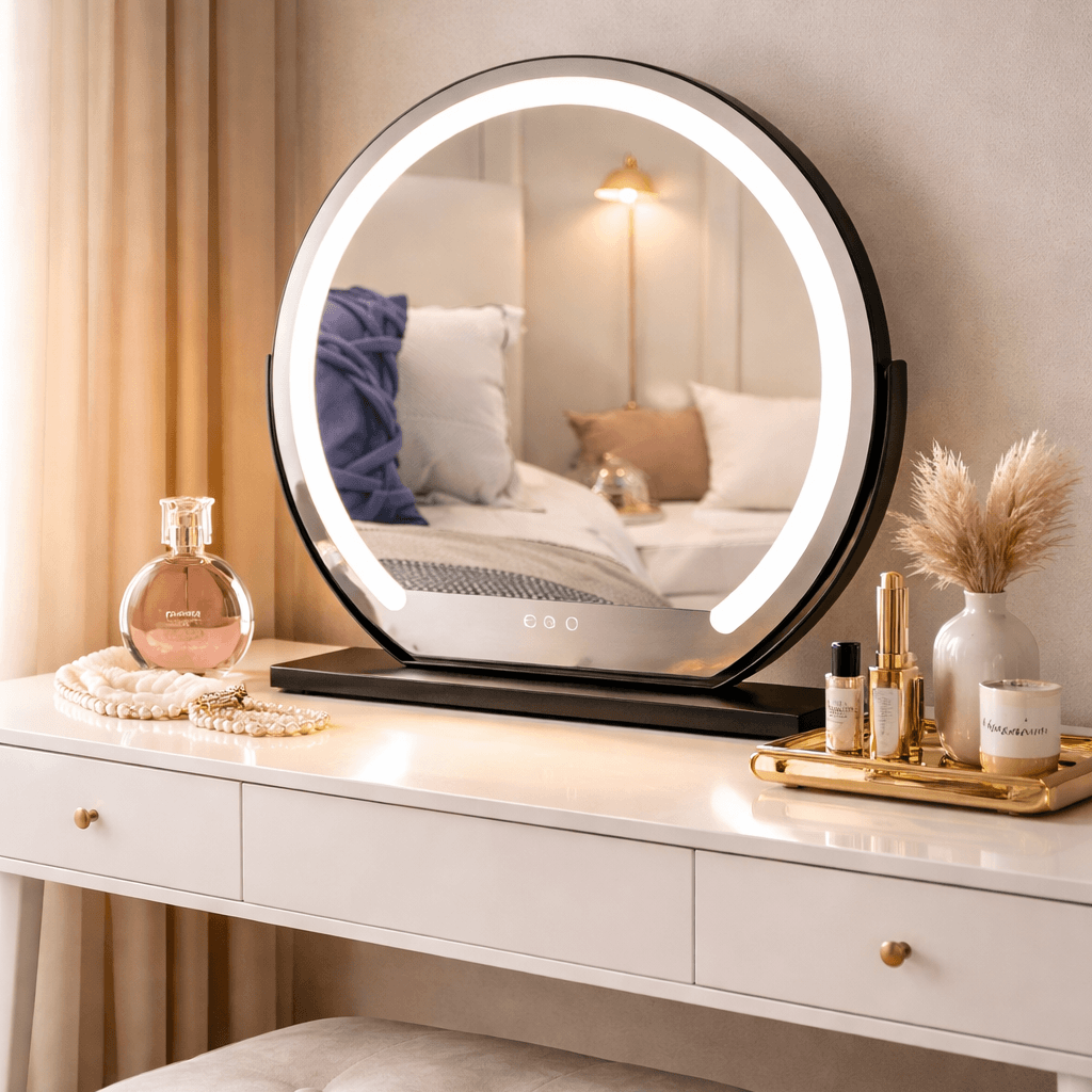 Elara LED Vanity Mirror reflecting stylish dressing table with salon-quality lighting in warm and cool modes.