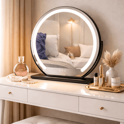 Elara LED Vanity Mirror reflecting stylish dressing table with salon-quality lighting in warm and cool modes.