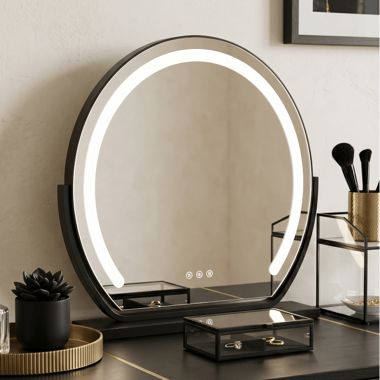Elara LED Vanity Mirror with salon-quality lighting in three colour modes on a dressing table.