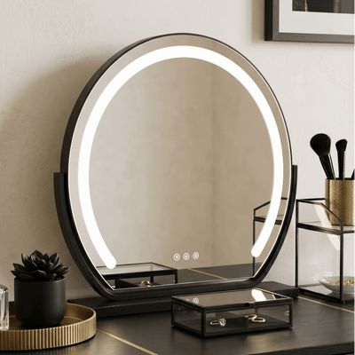 Elara LED Vanity Mirror with salon-quality lighting in three colour modes on a dressing table.