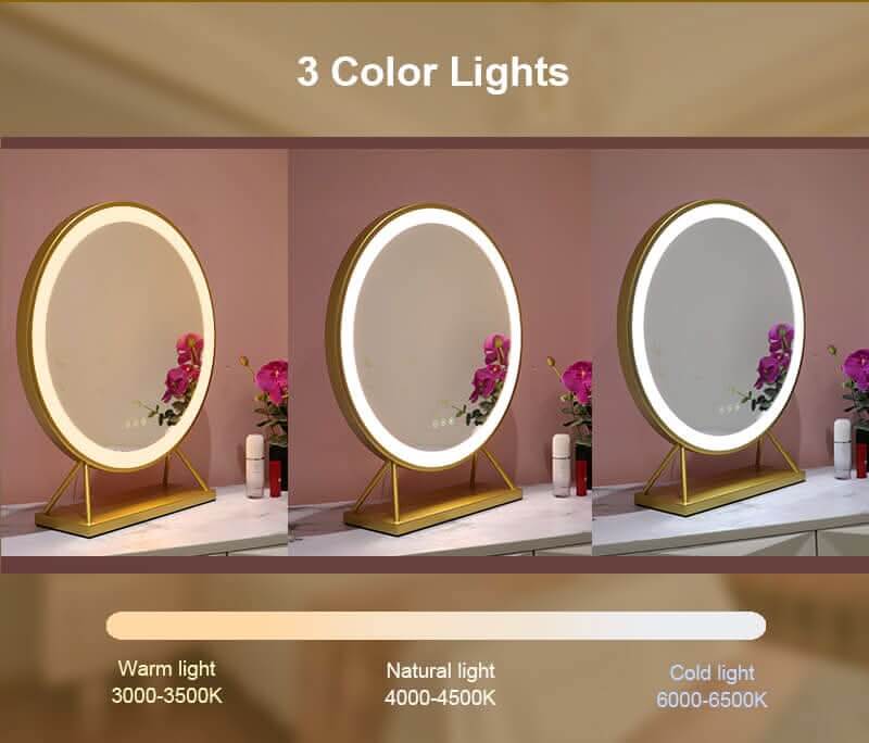 Anne Round Hollywood Mirror Gold with customizable LED lighting showing warm, natural, and cold light settings on a dressing table.