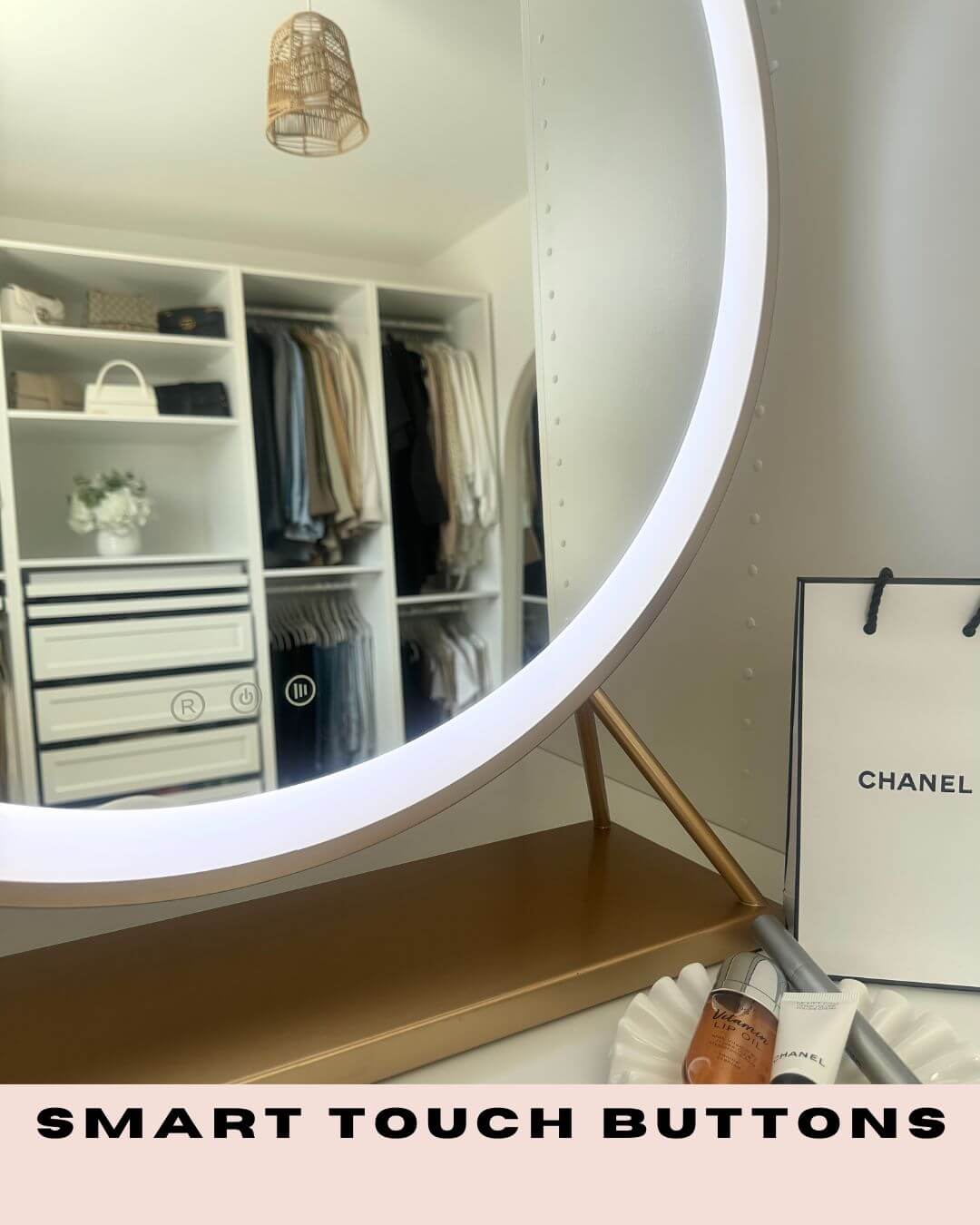 Anne Round Hollywood Mirror with Gold Frame and Smart Touch Buttons in a Stylish Dressing Room