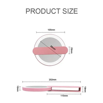 Pink handheld flip mirror with LED light, showing product dimensions: 105mm diameter, 202mm length, and 25mm handle width.
