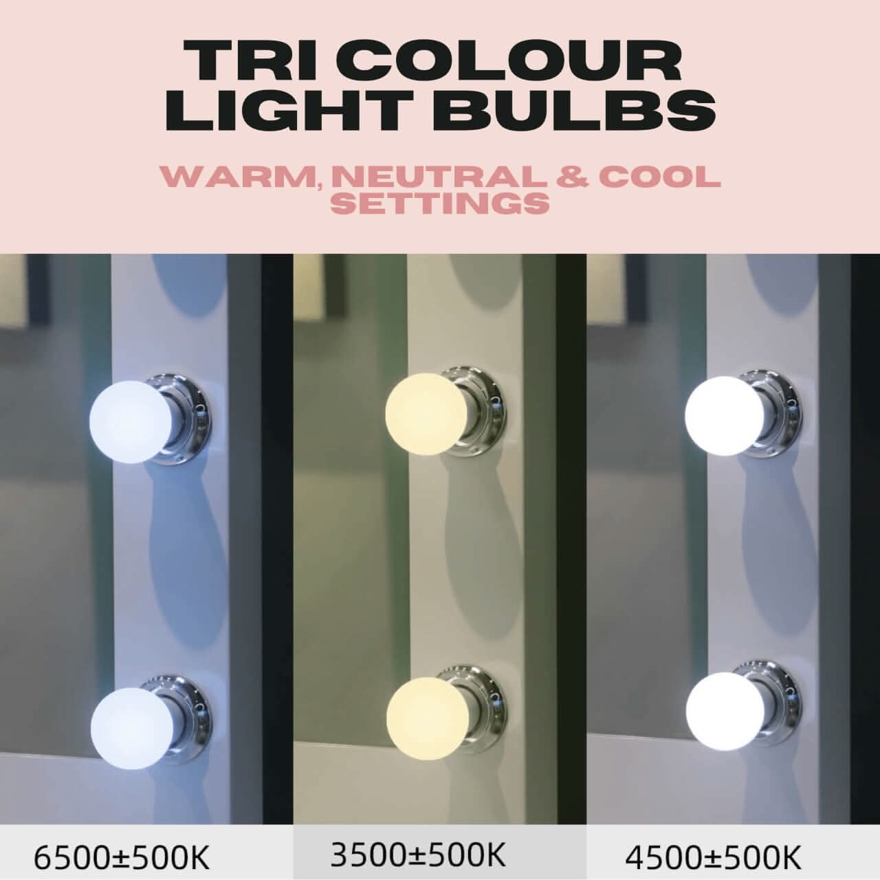 Tri Colour Light Bulbs with Warm, Neutral & Cool Settings for Nicole Hollywood Mirror Wall Mounted 100x60cm