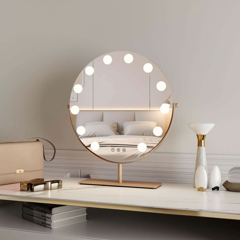 Hawn Gold Round Hollywood Mirror on vanity with LED lights, star dressing room style, 42x48cm, elegant glamour for home.