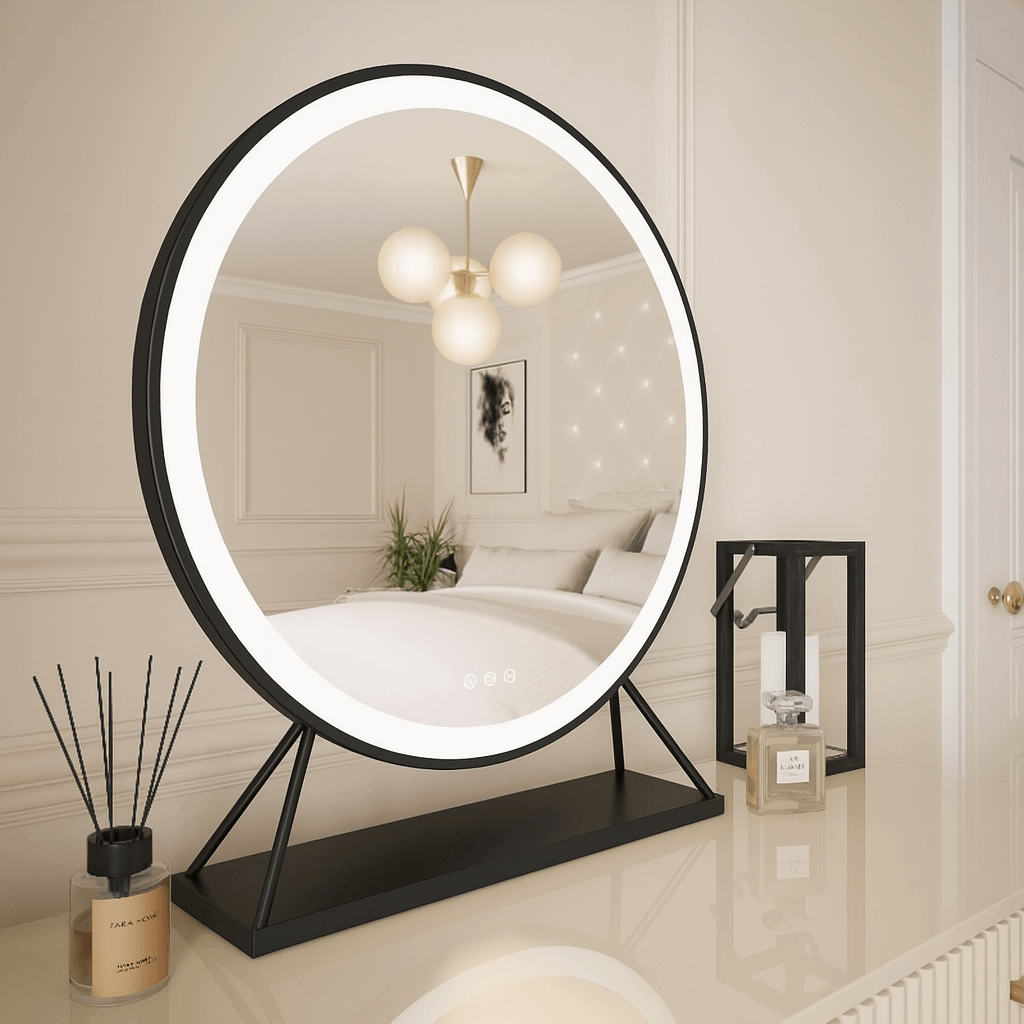 Grace Round Hollywood Mirror Black 60x63cm with LED lighting, elegant black frame, perfect for dressing rooms and vanity tables.