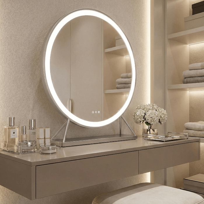 Isla round dressing table mirror with led lights, silver frame 60cm diameter tri colour lights, touch sensor