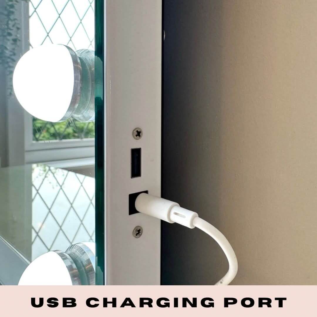 USB charging port on Jessica Hollywood Mirror 58cmX46cm, featuring LED vanity lights and sleek design.
