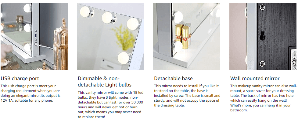 Features of the Jessica Hollywood Mirror 58cmX46cm including USB charge port, dimmable light bulbs, detachable base, and wall mount options.
