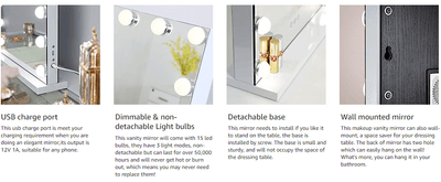 Features of the Jessica Hollywood Mirror 58cmX46cm including USB charge port, dimmable light bulbs, detachable base, and wall mount options.