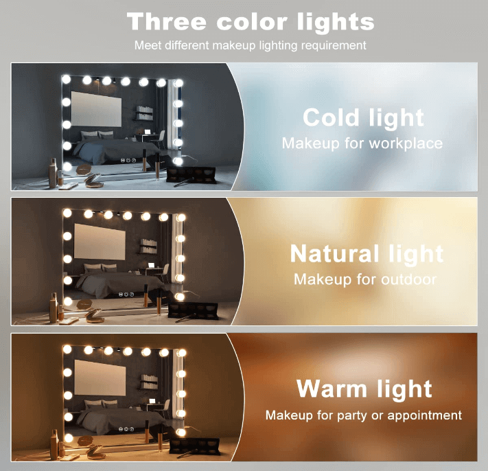 Image showcasing the three customizable lighting options of the Jessica Hollywood Mirror 58cmX46cm: cold light, natural light, and warm light.