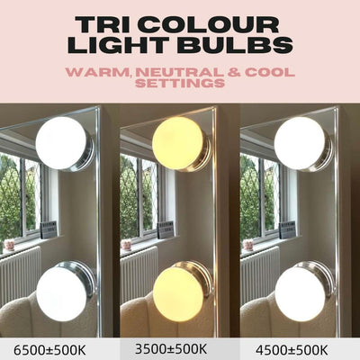 The Jessica Hollywood Mirror 58cmX46cm offers three labeled LED lighting options: cool white (6500K), neutral white (4500K), and warm yellow (3500K) for easy selection.