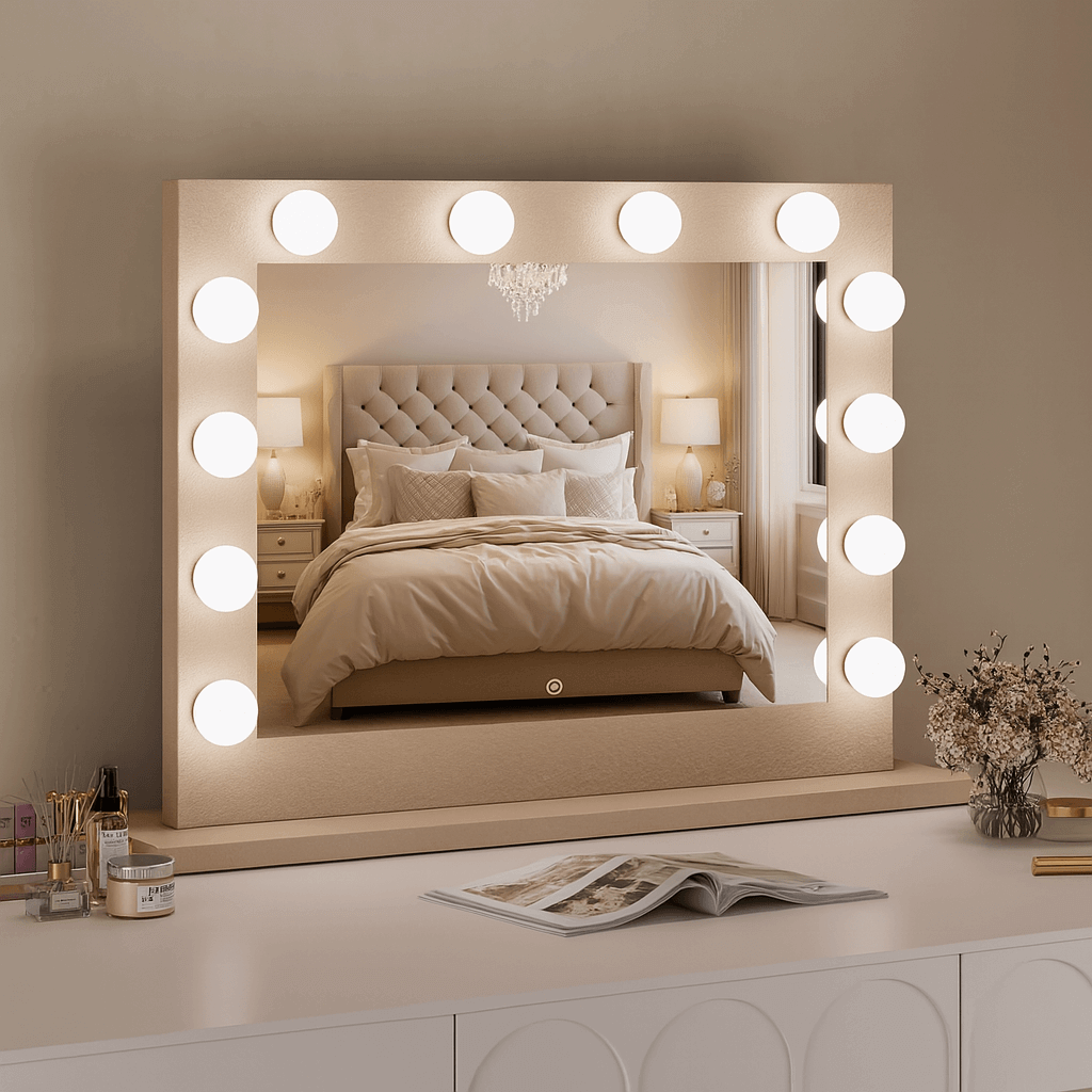Jolie Gold Hollywood Mirror 80 x 60cm with chic lighting, elegant bedroom reflection, perfect for aesthetic makeup routines.
