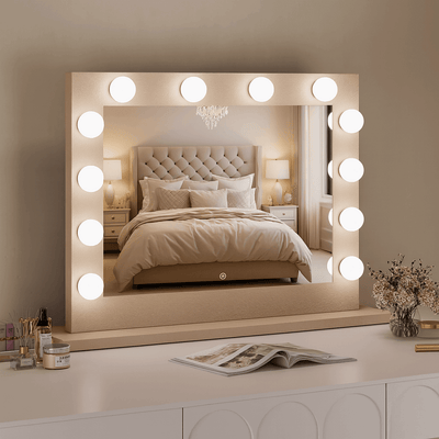 Jolie Gold Hollywood Mirror 80 x 60cm with chic lighting, elegant bedroom reflection, perfect for aesthetic makeup routines.