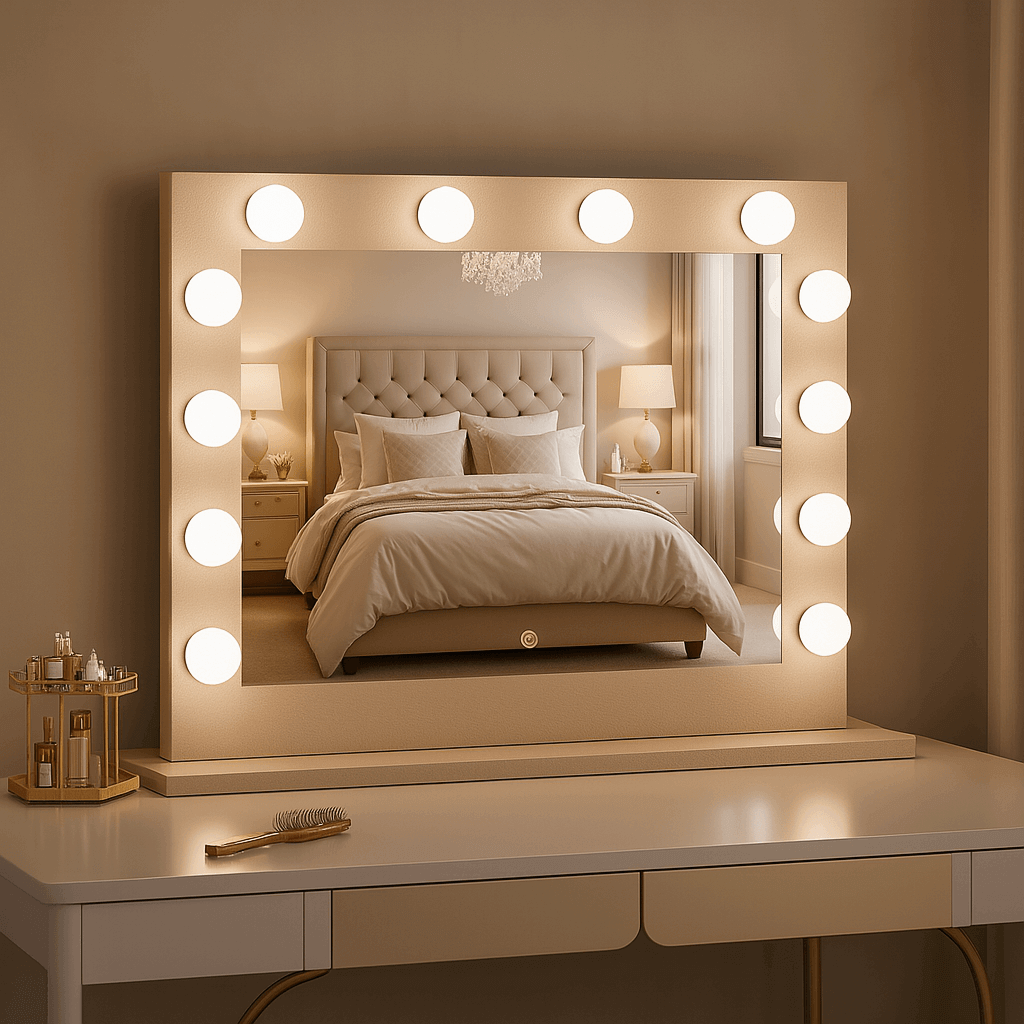 "Jolie Gold Hollywood Mirror 80 x 60cm with luxurious lighting on vanity table in elegant bedroom"