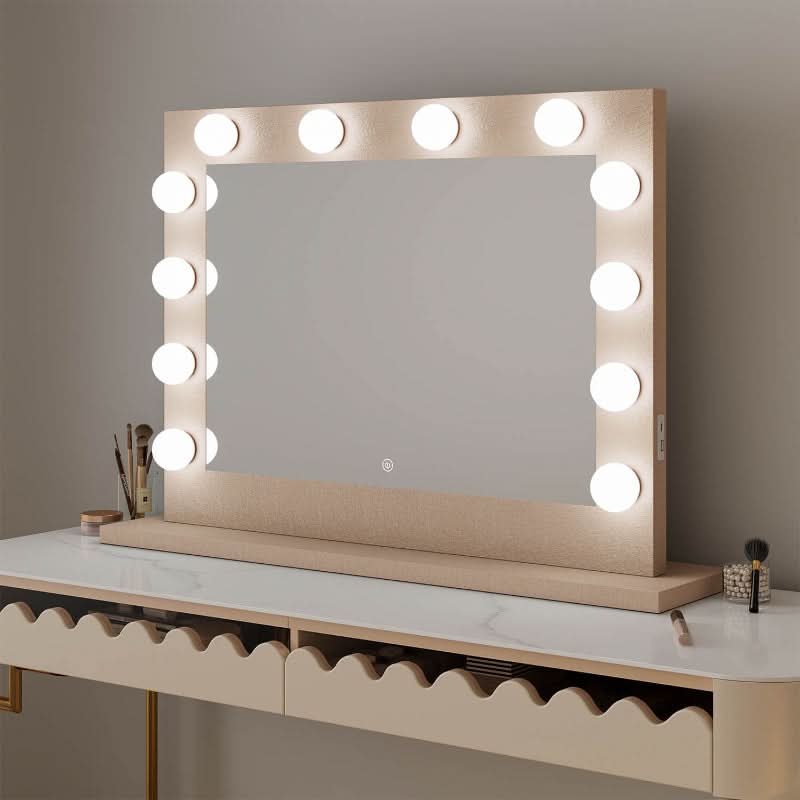Jolie Gold Hollywood Mirror 80 x 60cm with lighting for flawless makeup and Instagram-ready look on elegant dressing table.
