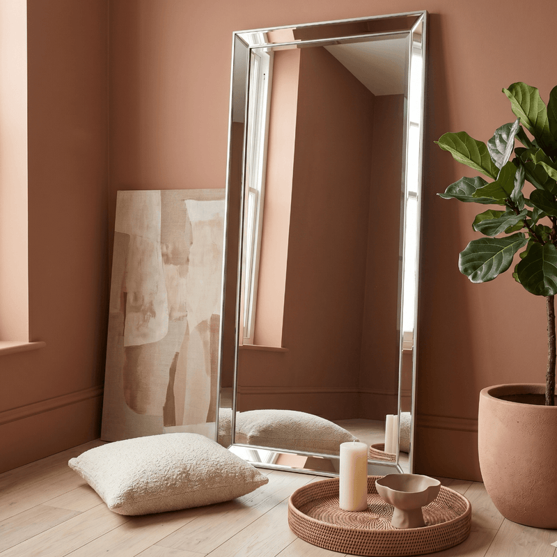 Limelight full length silver leaner mirror 178cm x 78cm styled in bright Scandi minimalist living room with white tulips and pale oak floor