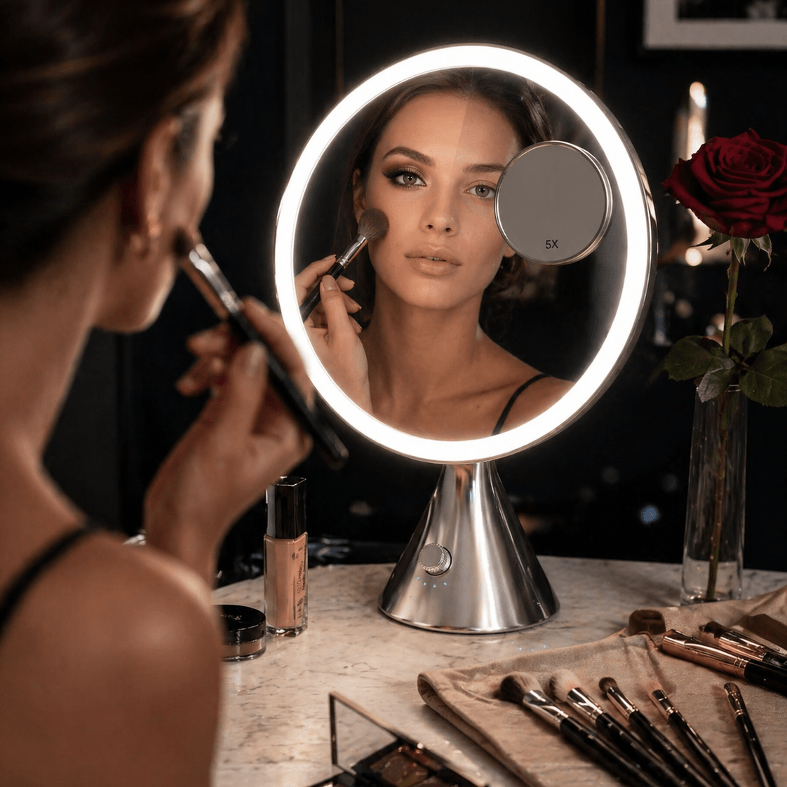 Woman applying makeup in front of a round, illuminated mirror with various beauty products on a table.