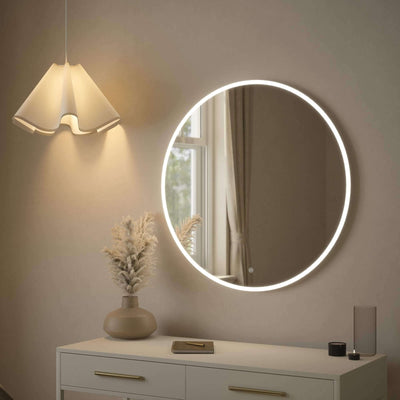 Ava Round Wall Mounted Backlit Mirror, 80cm, with ambient soft glow perfect for modern spaces, featuring sleek touch control panel.