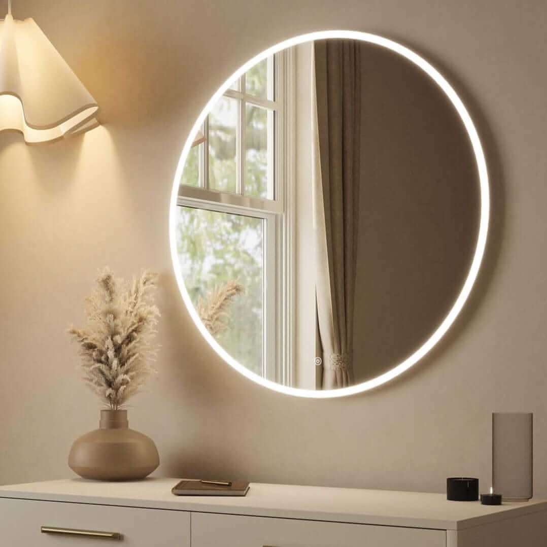 Round backlit wall-mounted mirror with sleek design, touch controls, and adjustable LED lighting, perfect for modern interiors.