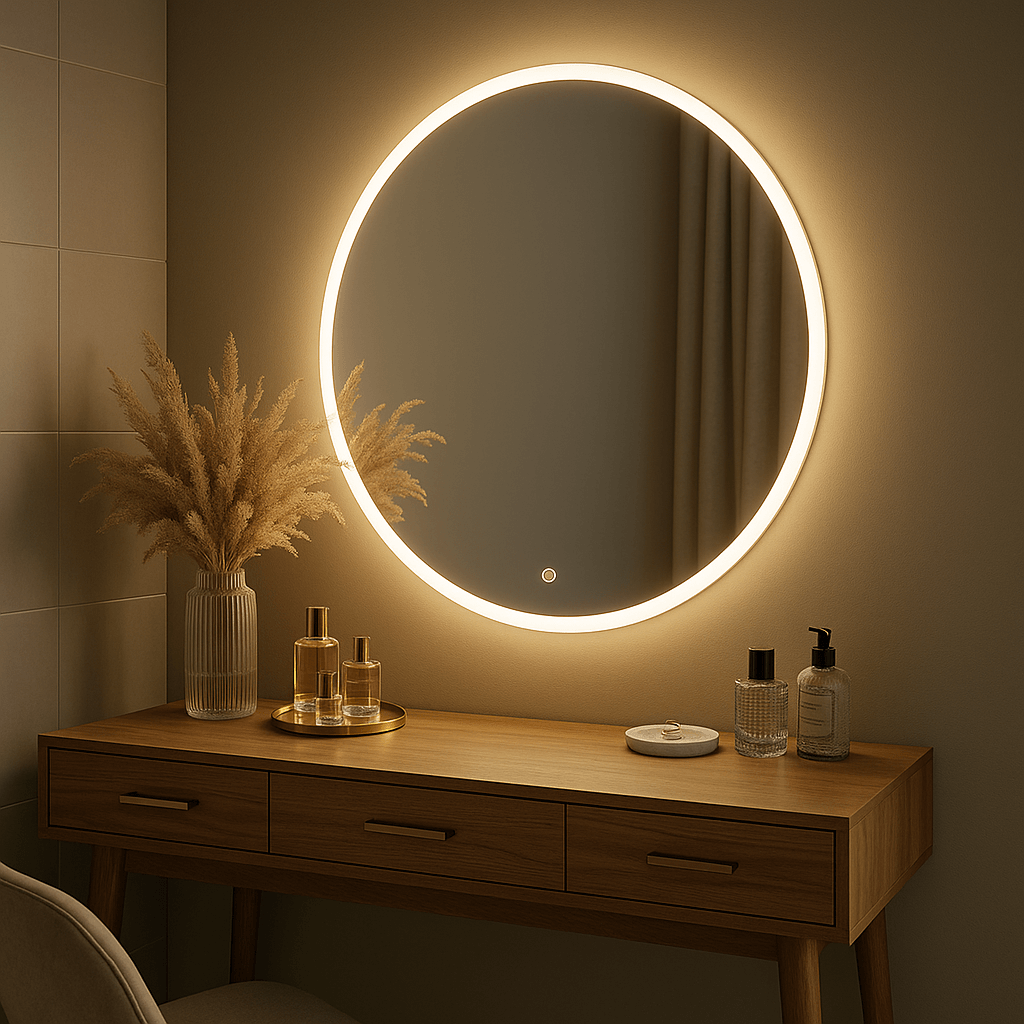 Luna 80cm round backlit mirror on wooden vanity, emitting soft ambient light, perfect for modern bathrooms or bedrooms.