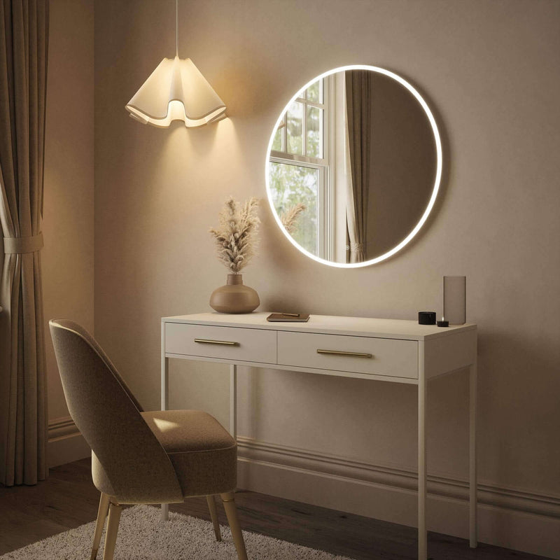 Round backlit wall-mounted mirror with sleek design, touch controls, and adjustable LED lighting, perfect for modern interiors.