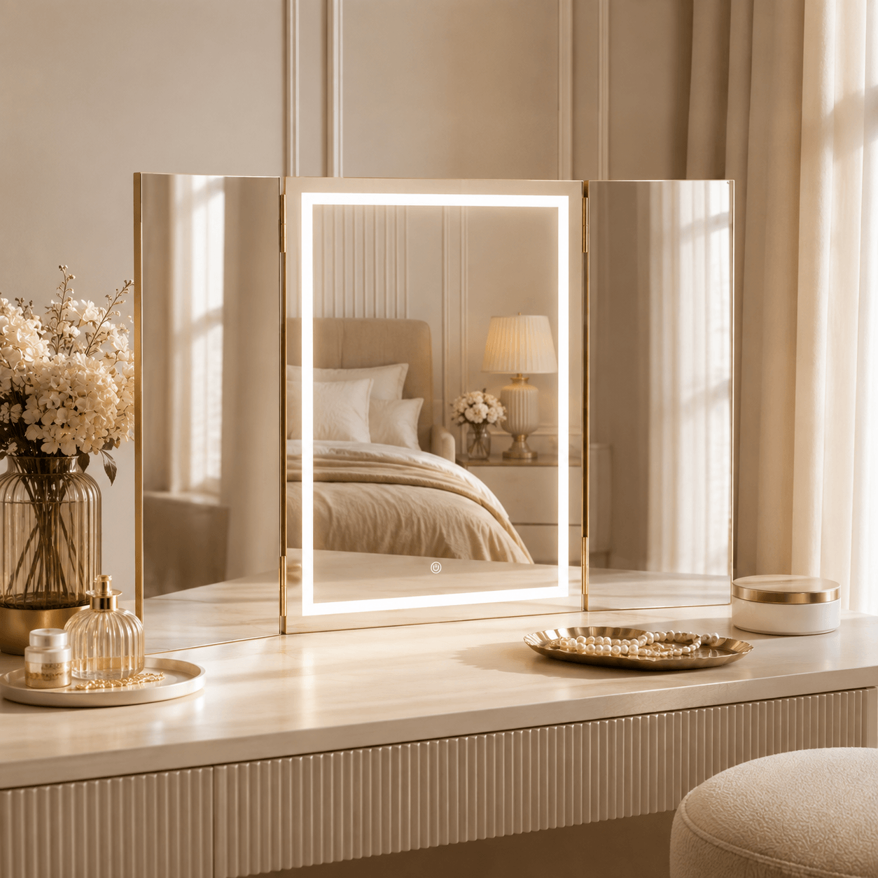 Lux folding dressing table mirror with lights in a luxury bedroom