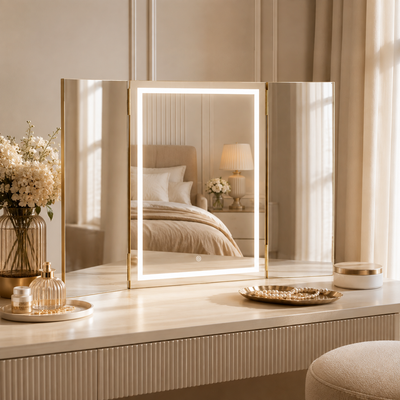 Lux folding dressing table mirror with lights in a luxury bedroom