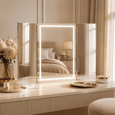 Lux folding dressing table mirror with lights in a luxury bedroom