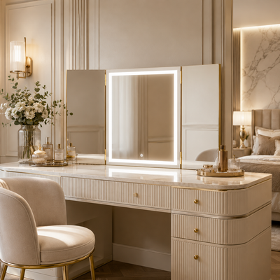 Lux Gold folding makeup mirror with lights on an elegant bedroom vanity