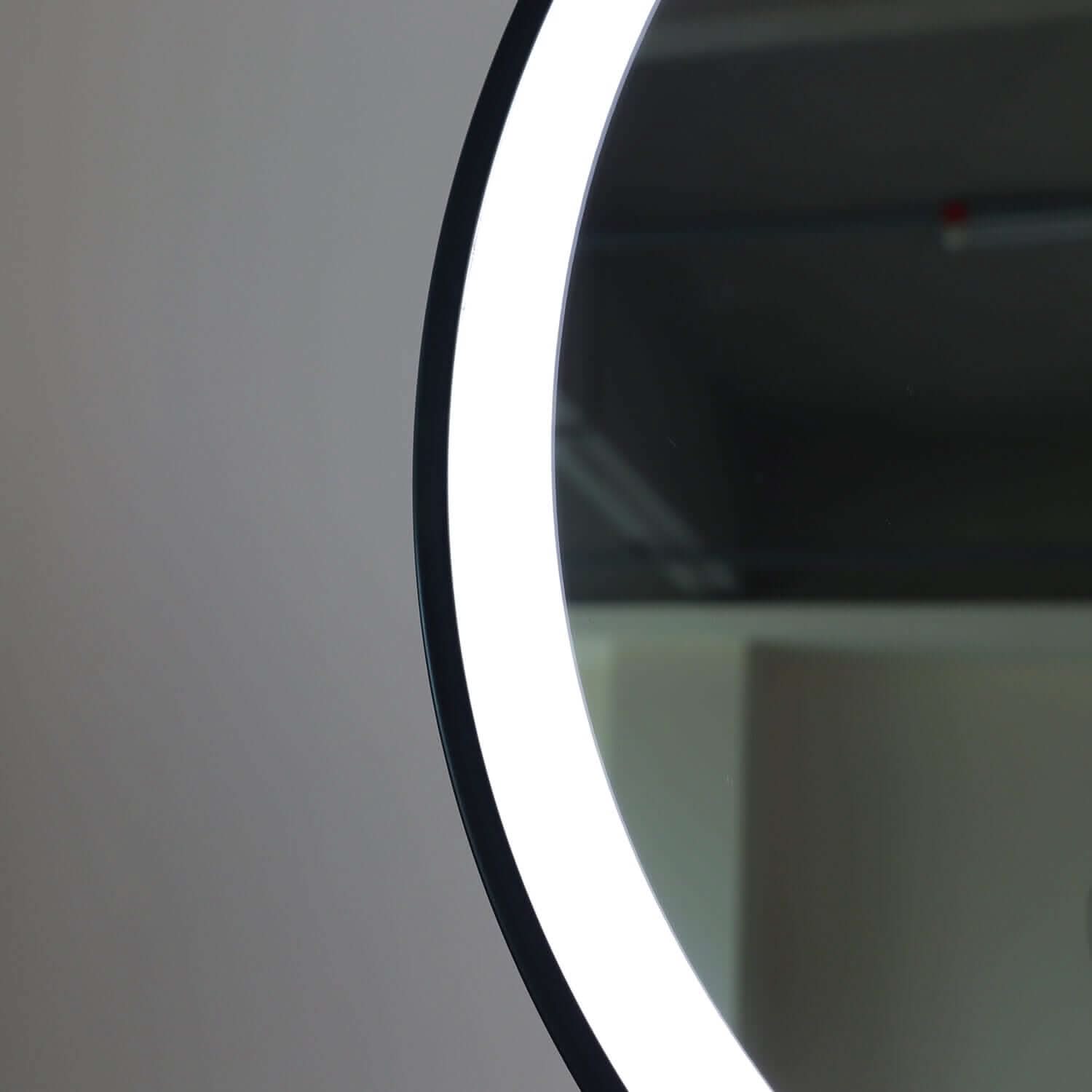 Close-up of Grace Round Hollywood Black Mirror with customizable LED lighting, 60x63cm, elegant design for dressing rooms.
