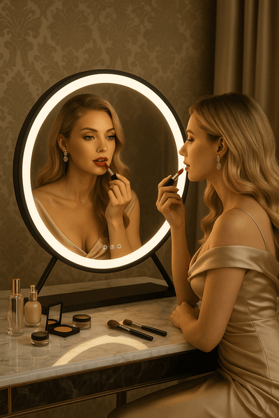 Woman applying lipstick in front of Grace Round Hollywood Mirror with black frame, featuring customizable LED lighting settings.