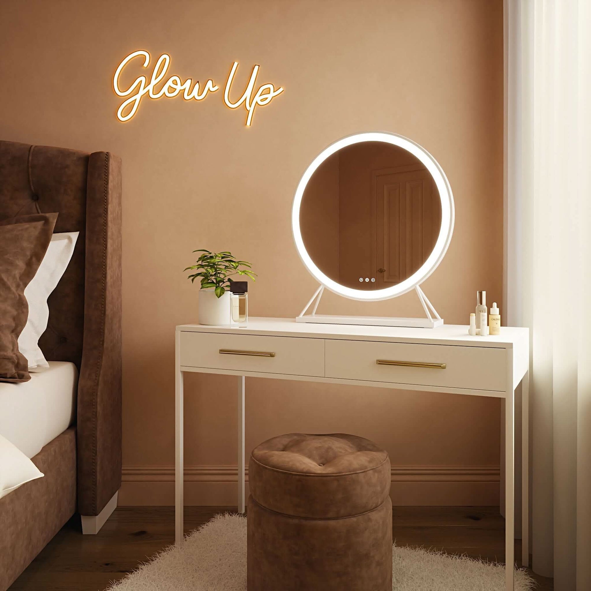Marilyn Round Hollywood Mirror White 60x63cm displayed on a stylish vanity in a cozy setting.