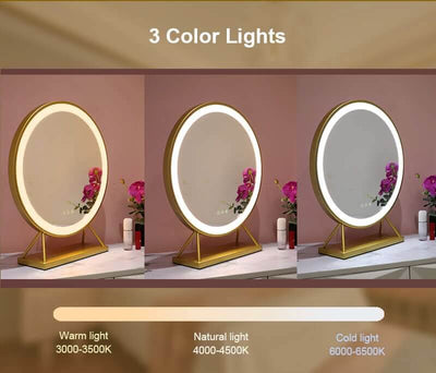 Anne Round Hollywood Mirror Gold with customizable LED lighting showing warm, natural, and cold light settings on a dressing table.
